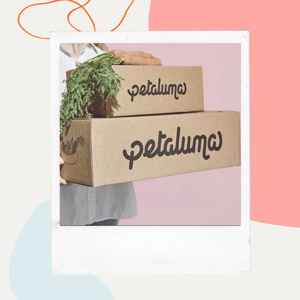Petaluma shipping boxes with a bag of food and fresh greens