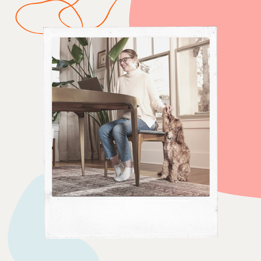 Person relaxing in a chair with a dog beside them