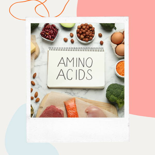 Card reading AMINO ACIDS surrounded by protein-rich foods