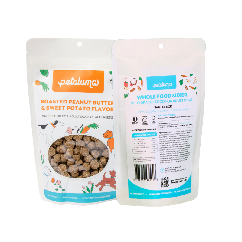 Front of Petaluma adult dog food sample pouch and back of Whole Food Mixer sample pouch with nutrition label