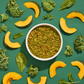 Overhead bowl of rehydrated Petaluma Whole Food Mixer surrounded by squash, kale, and spinach