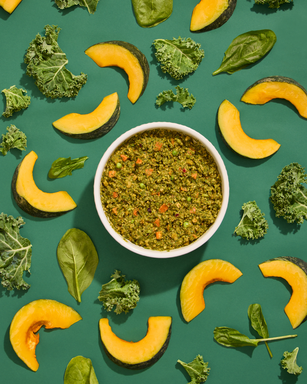 Overhead bowl of rehydrated Petaluma Whole Food Mixer surrounded by squash, kale, and spinach