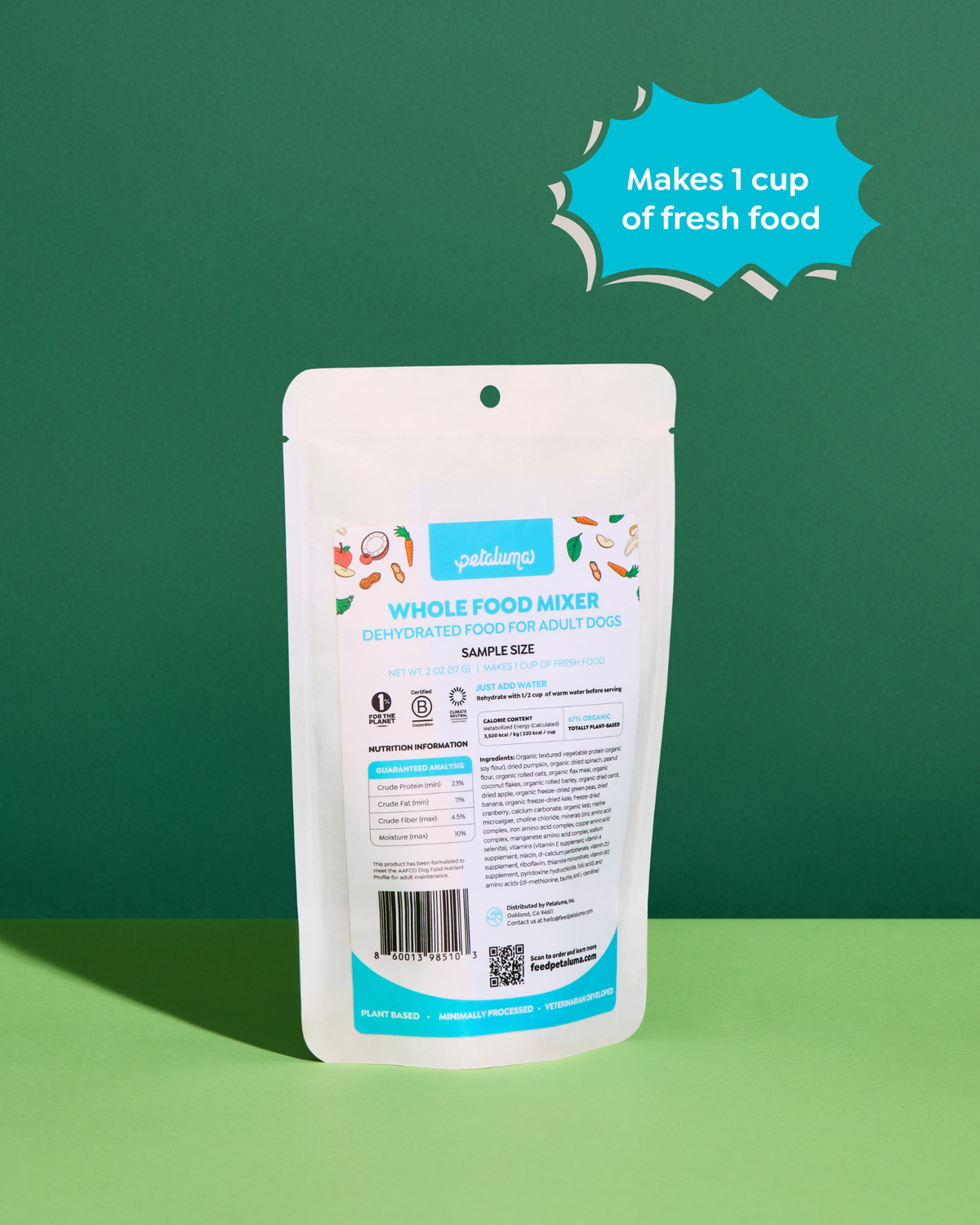 Back of Petaluma Whole Food Mixer sample pouch showing ingredients and nutrition information