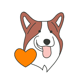 A stylized cartoon dog face with brown and white fur, pink tongue, and an orange heart on a plain white background.