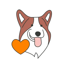 A stylized cartoon dog face with brown and white coloring and a bright orange heart on a plain white background.