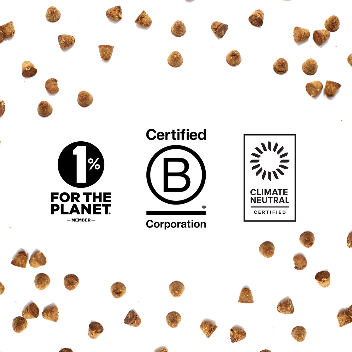 Petaluma certifications surrounded by pieces of baked food: 1% for the Planet, Certified B Corporation, Climate Neutral