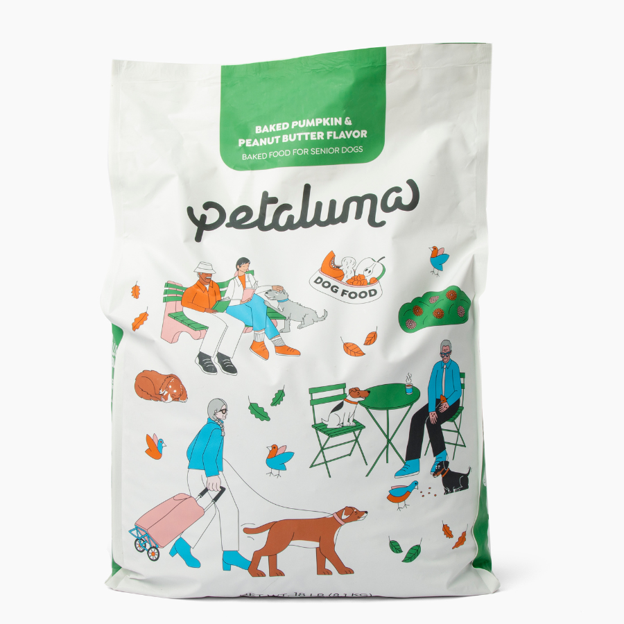 18 lb bag of Petaluma baked pumpkin and peanut butter senior dry dog food
