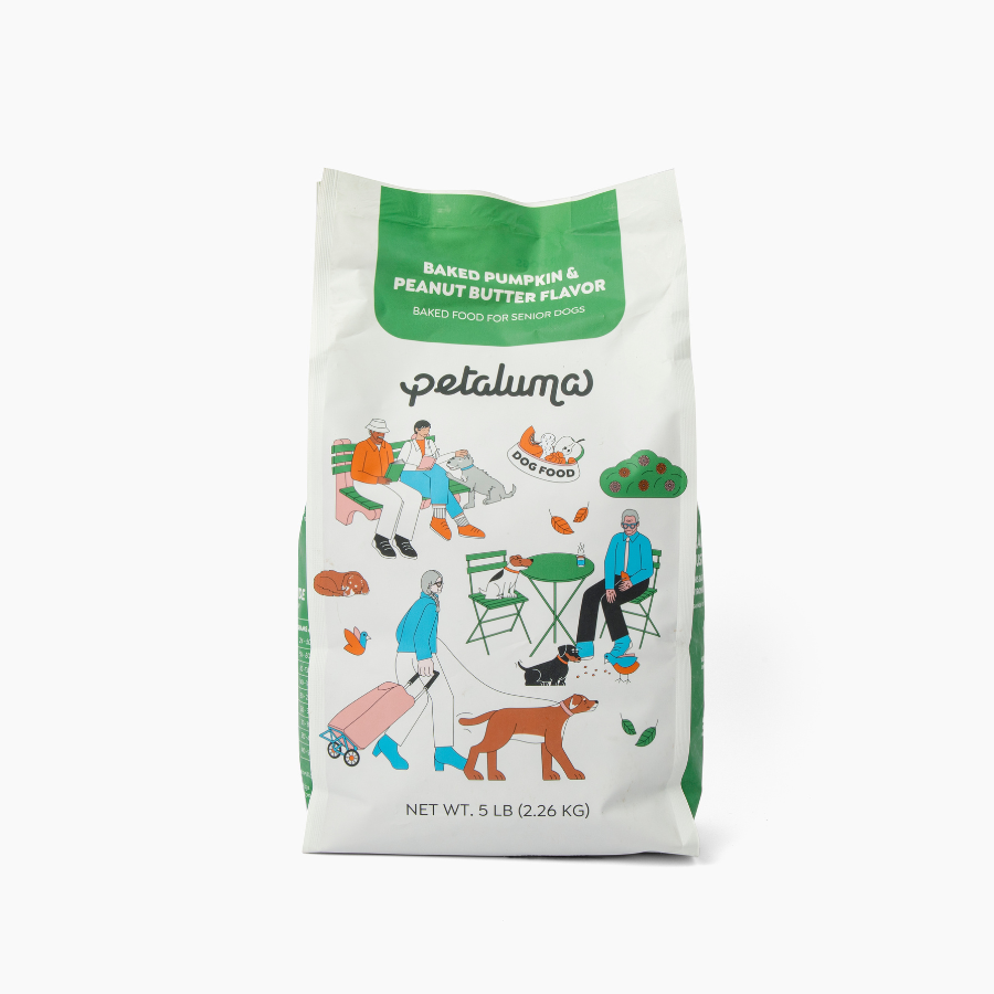 5 lb bag of Petaluma baked pumpkin and peanut butter senior dry dog food