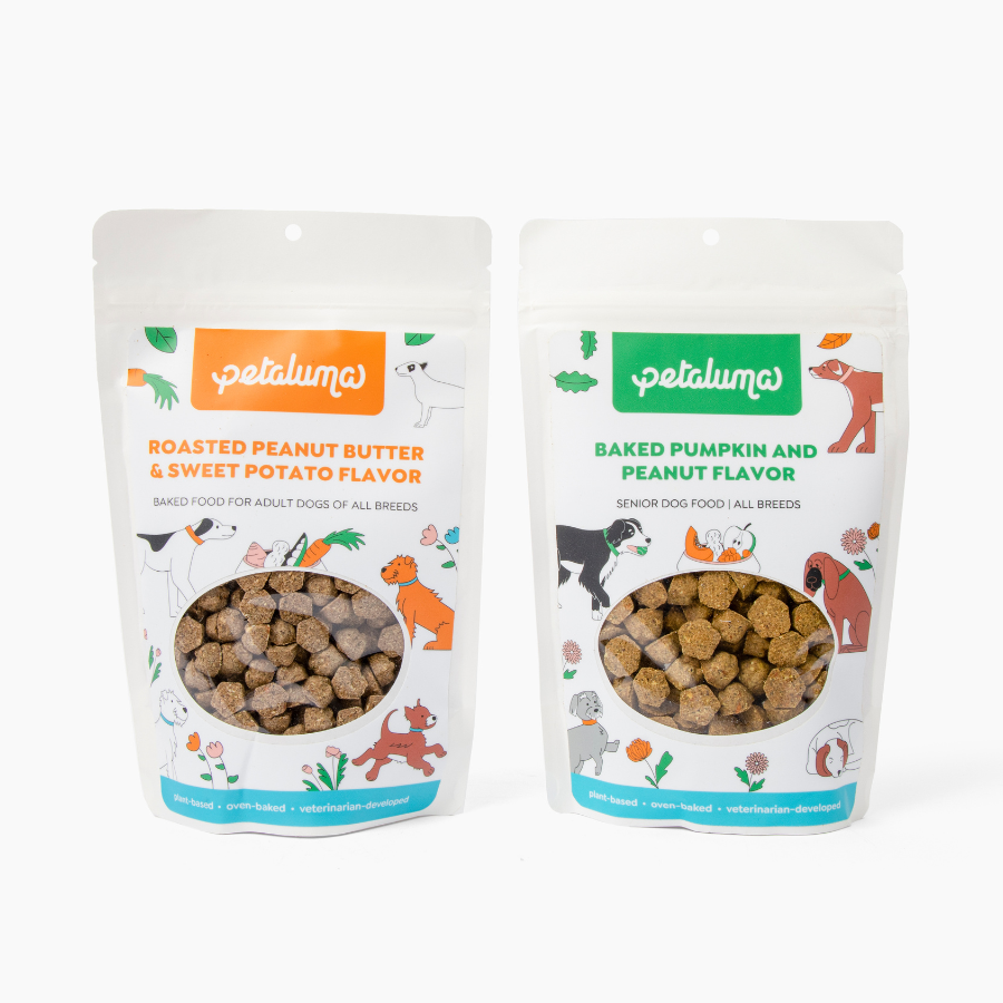 Petaluma adult and senior dog food 4 oz sample pouches side by side