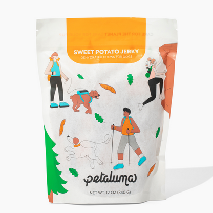 12 oz bag of Petaluma organic sweet potato jerky dehydrated dog chews
