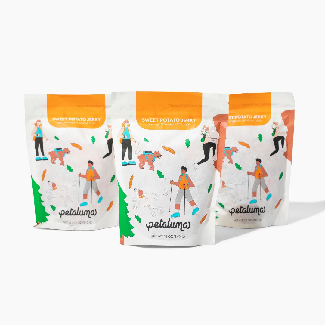 Three 12 oz bags of Petaluma organic sweet potato jerky