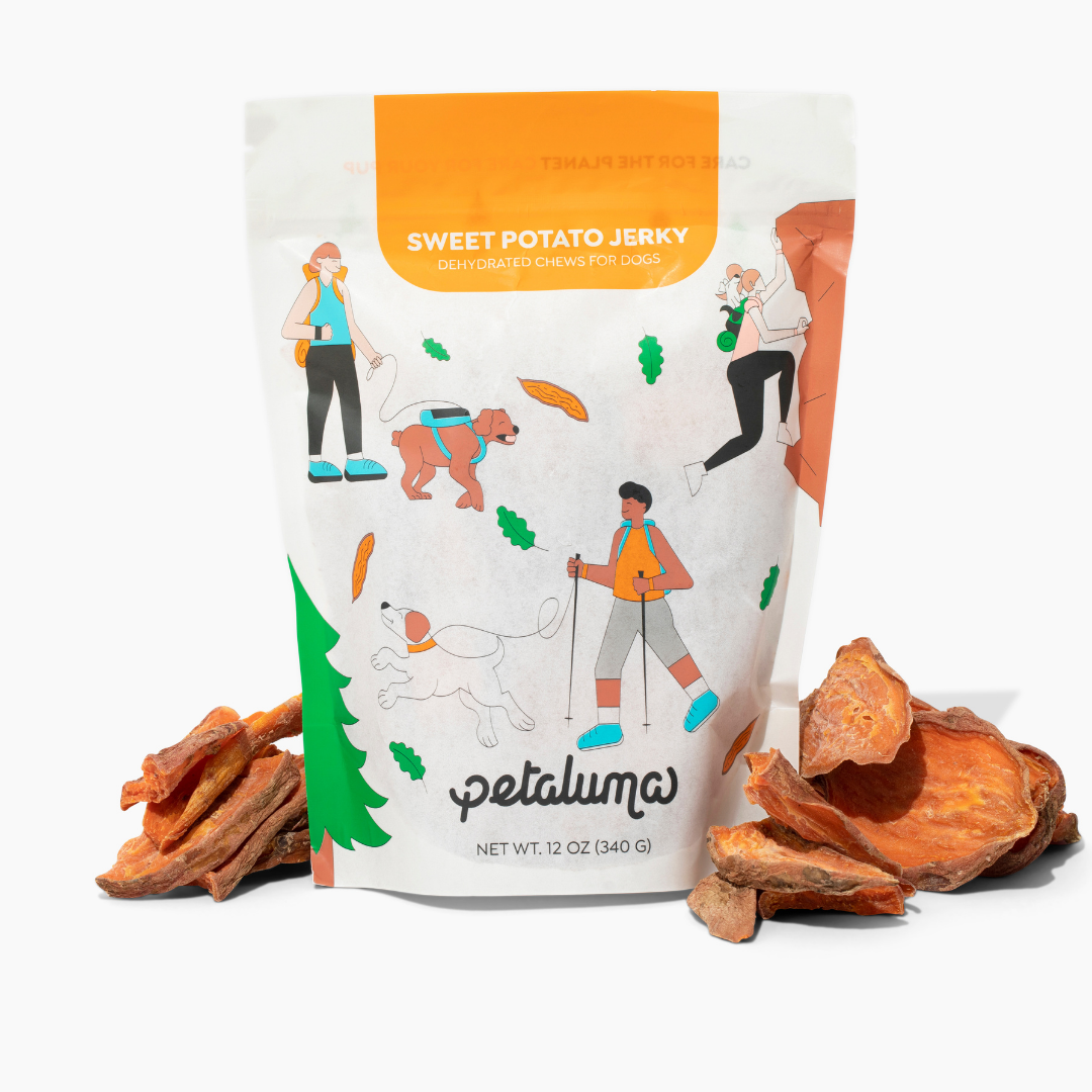 Petaluma Sweet Potato Jerky packaging with jerky pieces on a white background